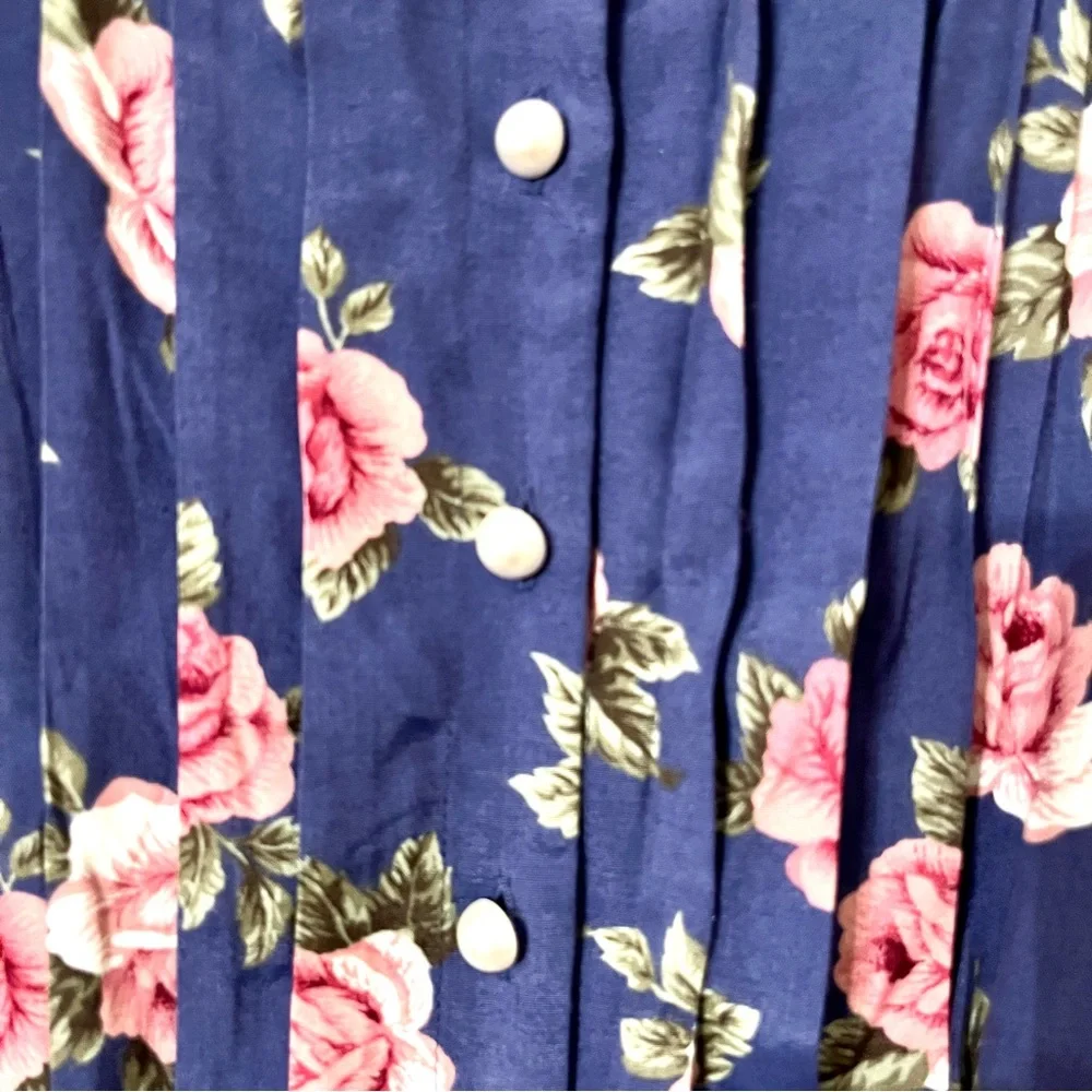 Vintage Plaza South Pleated Pearl Button Floral Dress Cottagecore Blue Pink Sz 6